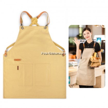 Homeline Beige Cotton Canvas Chef Barista Waiter Apron Leather Straps 厨房服务员围裙 - L0380 Homeline Beige Cotton Canvas Chef Barista Waiter Apron Leather Straps 厨房服务员围裙 - L0380