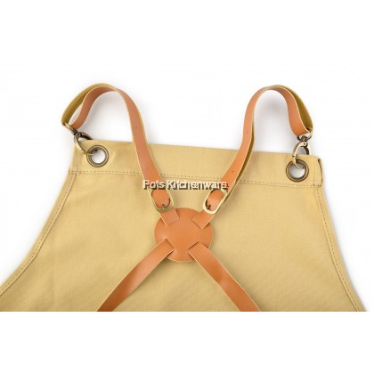 Homeline Beige Cotton Canvas Chef Barista Waiter Apron Leather Straps 厨房服务员围裙 - L0380 Homeline Beige Cotton Canvas Chef Barista Waiter Apron Leather Straps 厨房服务员围裙 - L0380