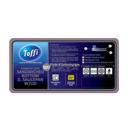 Toffi Stainless Steel Heavy Duty Sandwich Bottom Saucepan Milk Pot with Cover Periuk 不锈钢汤汁锅牛奶锅 - C8616M