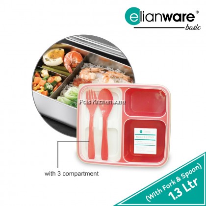 Elianware 3 Compartment BPA Free Plastic Lunch Box with Cutlery Bekas Makanan Plastik 外带餐盒 - E1229 Elianware 3 Compartment BPA Free Plastic Lunch Box with Cutlery Bekas Makanan Plastik 外带餐盒 - E1229