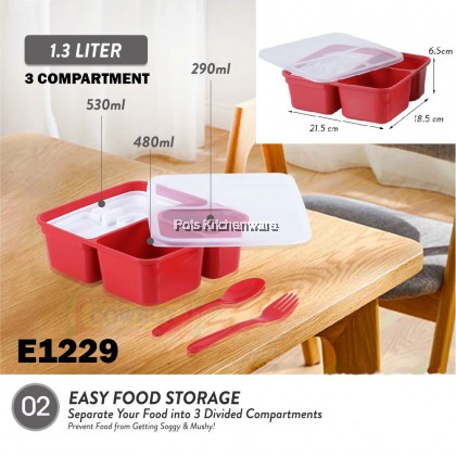 Elianware 3 Compartment BPA Free Plastic Lunch Box with Cutlery Bekas Makanan Plastik 外带餐盒 - E1229 Elianware 3 Compartment BPA Free Plastic Lunch Box with Cutlery Bekas Makanan Plastik 外带餐盒 - E1229