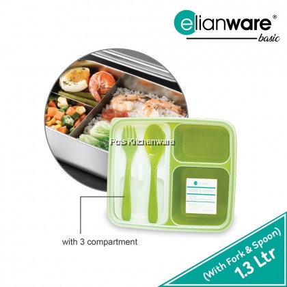 Elianware 3 Compartment BPA Free Plastic Lunch Box with Cutlery Bekas Makanan Plastik 外带餐盒 - E1229 Elianware 3 Compartment BPA Free Plastic Lunch Box with Cutlery Bekas Makanan Plastik 外带餐盒 - E1229