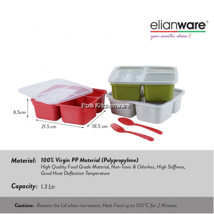 Elianware 3 Compartment BPA Free Plastic Lunch Box with Cutlery Bekas Makanan Plastik 外带餐盒 - E1229 Elianware 3 Compartment BPA Free Plastic Lunch Box with Cutlery Bekas Makanan Plastik 外带餐盒 - E1229