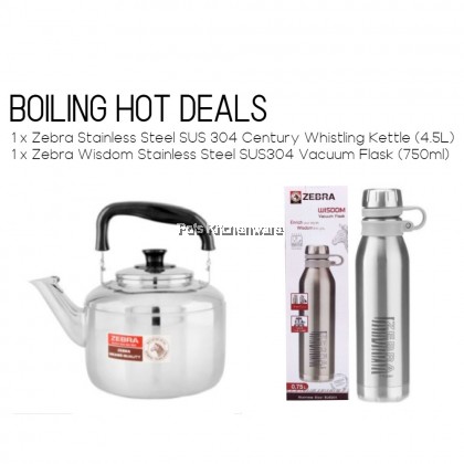 BOILING HOT DEALS - 4.5L Zebra Stainless Steel SUS 304 Century Whistling Kettle + 750ml Zebra Wisdom Stainless Steel SUS304 Vacuum Warm/Cold Flask Bottle Tumbler BOILING HOT DEALS - 4.5L Zebra Stainless Steel SUS 304 Century Whistling Kettle + 750ml Zebra Wisdom Stainless Steel SUS304 Vacuum Warm/Cold Flask Bottle Tumbler