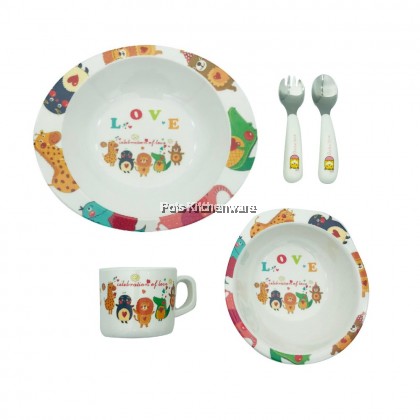 TODDLER MELAMINE TABLEWARE SET - Melamine Plate + Melamine Bowl + Melamine Cup + Stainless Steel 304 Cutlery Set