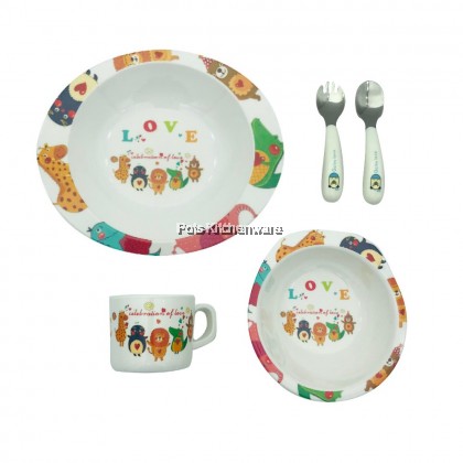 TODDLER MELAMINE TABLEWARE SET - Melamine Plate + Melamine Bowl + Melamine Cup + Stainless Steel 304 Cutlery Set
