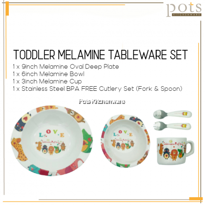 TODDLER MELAMINE TABLEWARE SET - Melamine Plate + Melamine Bowl + Melamine Cup + Stainless Steel 304 Cutlery Set