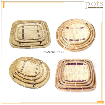 Handmade Bamboo Higo Flat Woven Wicker Sieve Serving Trays Fruit Fried Food Tray Rectangle Square Oval Round - BB496M