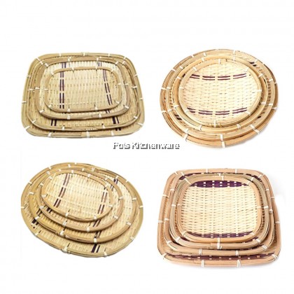 Handmade Bamboo Higo Flat Woven Wicker Sieve Serving Trays Fruit Fried Food Tray Rectangle Square Oval Round - BB496M
