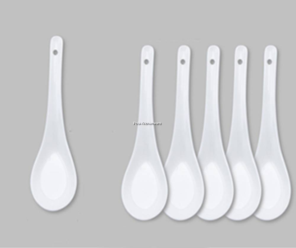 6pcs White Porcelain Ceramic Flat Bottom Extra Long Handle Chinese