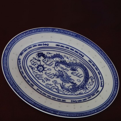 Porcelain Ceramic Chinese Nyonya Traditional Vintage Blue Dragon White Rice Grains Design Dining Plate 米通龙纹蓝白陶瓷盘子 - PC249M
