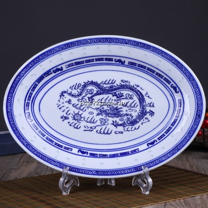 Porcelain Ceramic Chinese Nyonya Traditional Vintage Blue Dragon White Rice Grains Design Dining Plate 米通龙纹蓝白陶瓷盘子 - PC249M