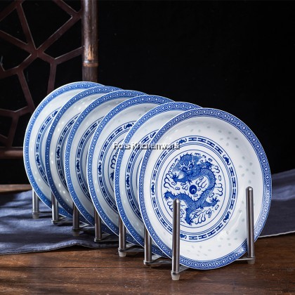 Porcelain Ceramic Chinese Nyonya Traditional Vintage Blue Dragon White Rice Grains Design Dining Plate 米通龙纹蓝白陶瓷盘子 - PC249M