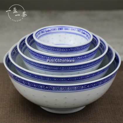 Porcelain Ceramic Chinese Nyonya Traditional Vintage Blue Dragon White Rice Grains Design Soup Dish Bowl Ladle Serving Spoon 米通龙陶瓷碗汤勺 - PC269M