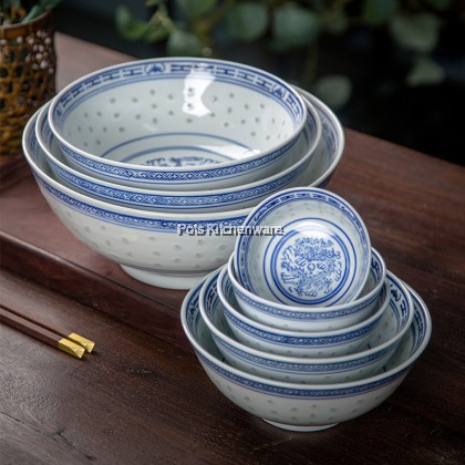 Porcelain Ceramic Chinese Nyonya Traditional Vintage Blue Dragon White Rice Grains Design Soup Dish Bowl Ladle Serving Spoon 米通龙陶瓷碗汤勺 - PC269M