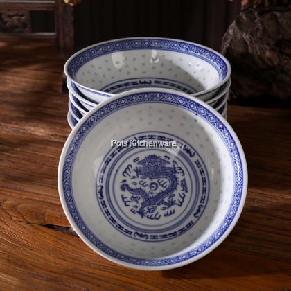 Porcelain Ceramic Chinese Nyonya Traditional Vintage Blue Dragon White Rice Grains Design Soup Dish Bowl Ladle Serving Spoon 米通龙陶瓷碗汤勺 - PC269M