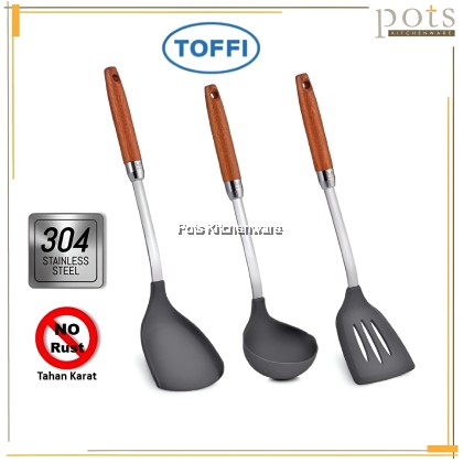Toffi SUS304 Stainless Steel Silicone Asian Slotted Turner Ladle Asian with Wooden Handle - K2390