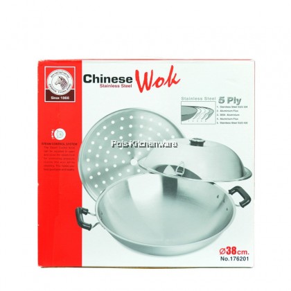 100% Original Zebra Thailand 泰国斑马牌 5ply Stainless Steel SUS304 Chinese Wok with Lid and Steaming Plate Steamer Tray Kuali 不锈钢炒锅 (38cm/42cm) - Z176201M 