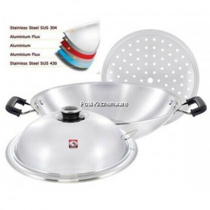 100% Original Zebra Thailand 泰国斑马牌 5ply Stainless Steel SUS304 Chinese Wok with Lid and Steaming Plate Steamer Tray Kuali 不锈钢炒锅 (38cm/42cm) - Z176201M 
