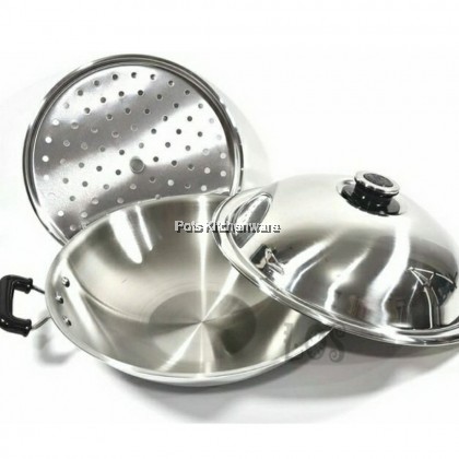 100% Original Zebra Thailand 泰国斑马牌 5ply Stainless Steel SUS304 Chinese Wok with Lid and Steaming Plate Steamer Tray Kuali 不锈钢炒锅 (38cm/42cm) - Z176201M 