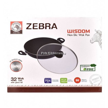 100% Original Zebra Thailand 泰国斑马牌 Wisdom Non Stick IH Frying Wok Pan with Glass Lid Kuali dengan Penutup (32cm) - Z174645