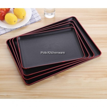 Japanese Style Rectangular Wood Style Plastic Food Serving Tray with Red Line 日式塑料托盘 - GDA9691M