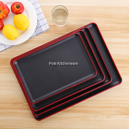 Japanese Style Rectangular Wood Style Plastic Food Serving Tray with Red Line 日式塑料托盘 - GDA9691M