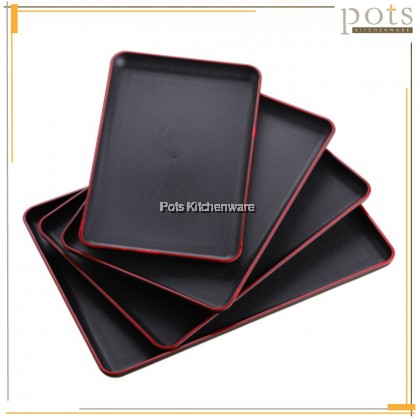 Japanese Style Rectangular Wood Style Plastic Food Serving Tray with Red Line 日式塑料托盘 - GDA9691M