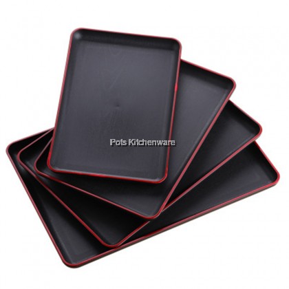 Japanese Style Rectangular Wood Style Plastic Food Serving Tray with Red Line 日式塑料托盘 - GDA9691M