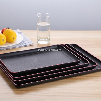 Japanese Style Rectangular Wood Style Plastic Food Serving Tray with Red Line 日式塑料托盘 - GDA9691M