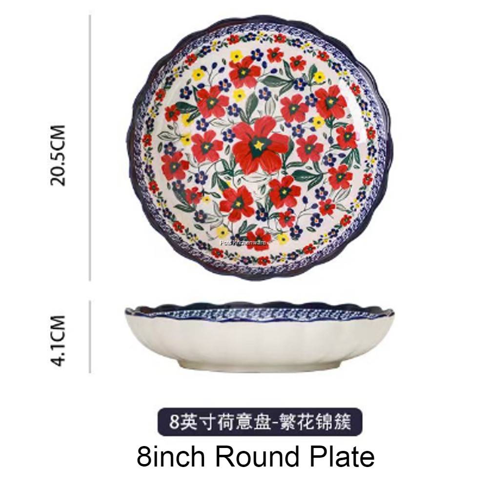 Porcelain Ceramic Plate Bowl CNY Flower Flora Dinner Rice Plate Soup