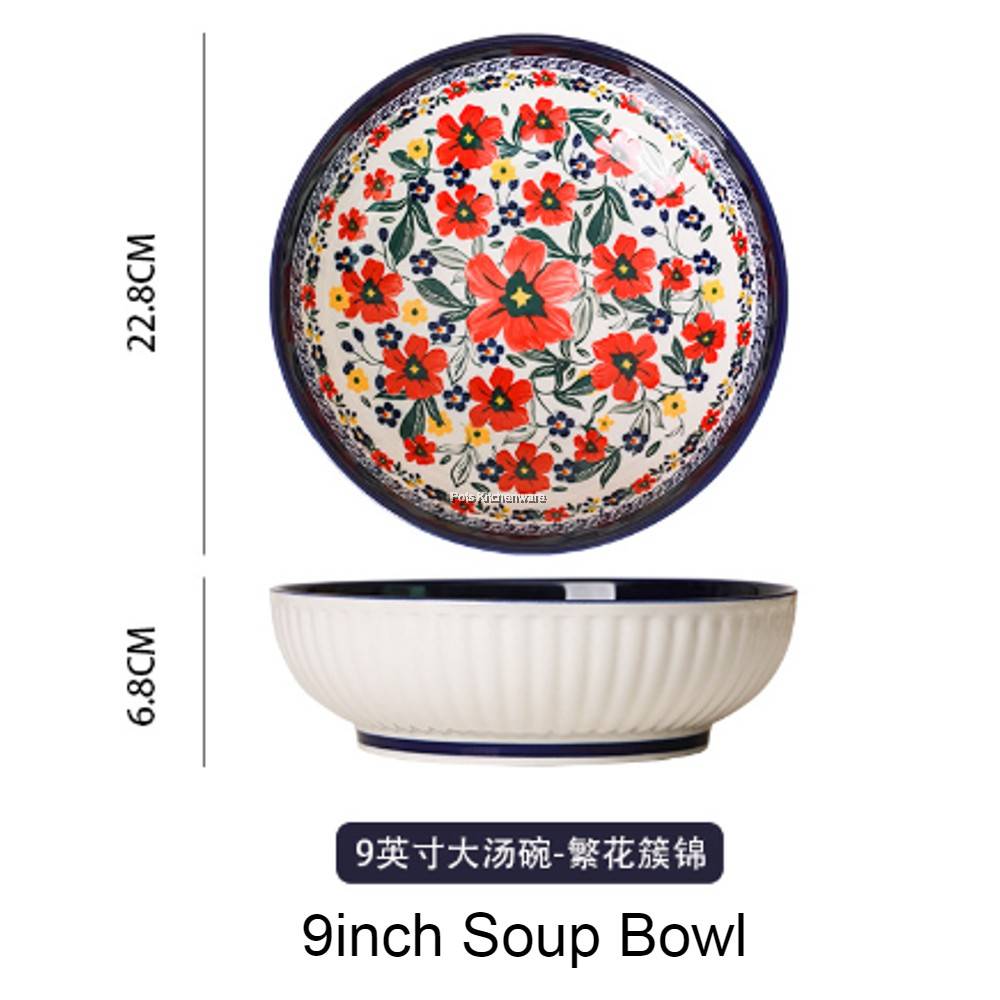 Porcelain Ceramic Plate Bowl CNY Flower Flora Dinner Rice Plate Soup