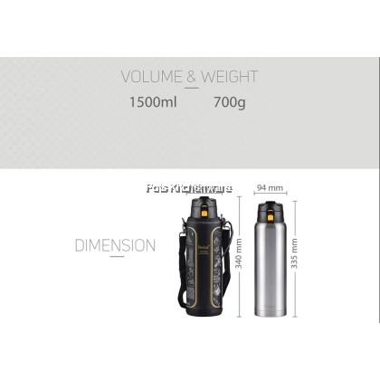 Relax 1500ml Stainless Steel SUS 304 Travelling Thermal Flask Thermos Bottle with Bag 大容量保温壶保温罐 - D3615