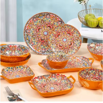 Orange Color Bohemia Porcelain Ceramic Bowl Plate; Porselin Seramik Pinggan Mangkuk; 波西米亚陶瓷碗盘