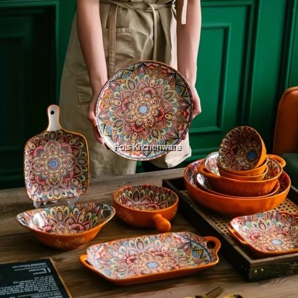 Orange Color Bohemia Porcelain Ceramic Bowl Plate; Porselin Seramik Pinggan Mangkuk; 波西米亚陶瓷碗盘