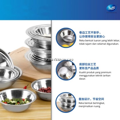 Toffi SUS304 Stainless Steel Korean Style Basin Mixing Bowl; Mangkuk Pengadun Besen Gaya Korea; 不锈钢韩式面盆搅拌碗