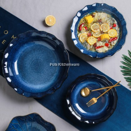 Porcelain Sky Blue Round Soup Bowl Plate; Pinggan Mangkuk Sup Bulat Biru Langit Porcelain; 瓷天蓝色圆形汤碗盘