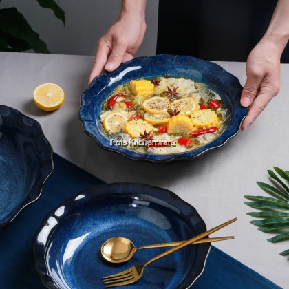 Porcelain Sky Blue Round Soup Bowl Plate; Pinggan Mangkuk Sup Bulat Biru Langit Porcelain; 瓷天蓝色圆形汤碗盘