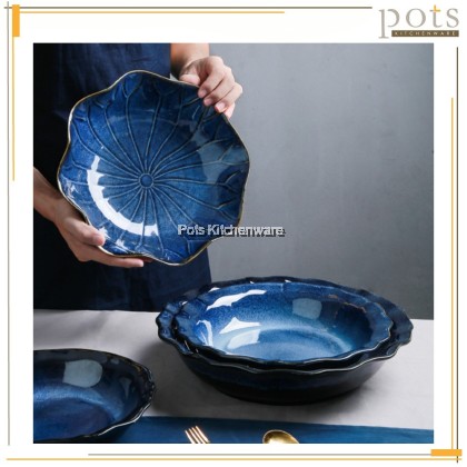 Porcelain Sky Blue Round Soup Bowl Plate; Pinggan Mangkuk Sup Bulat Biru Langit Porcelain; 瓷天蓝色圆形汤碗盘