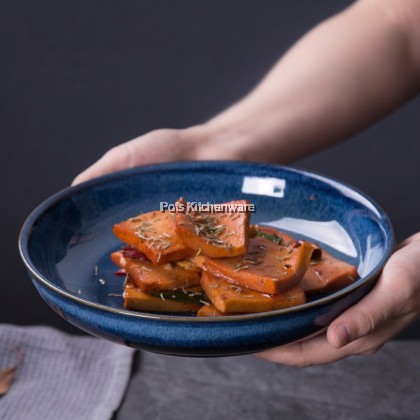 Porcelain Sky Blue Round Soup Bowl Plate; Pinggan Mangkuk Sup Bulat Biru Langit Porcelain; 瓷天蓝色圆形汤碗盘