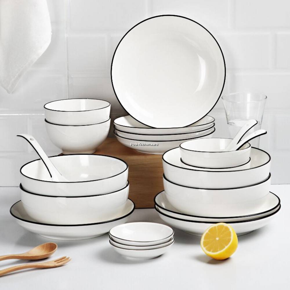 Home Ceramic Tableware, Plate Bowl Black Edge Series; Pinggan Mangkuk ...