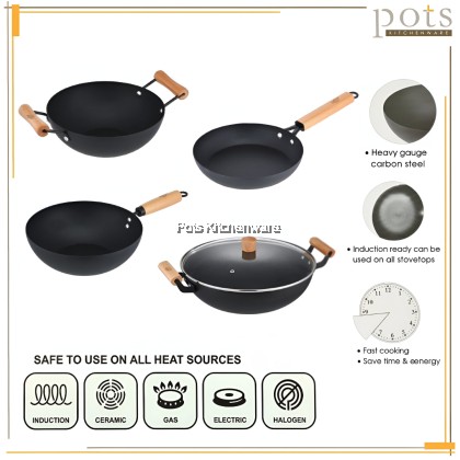 Ringo Home Premium Nitrided Iron Black Steel Wok / Frypan | No Coating | Fast Heating | Compatible with All Stovetops