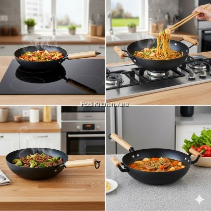 Ringo Home Premium Nitrided Iron Black Steel Wok / Frypan | No Coating | Fast Heating | Compatible with All Stovetops
