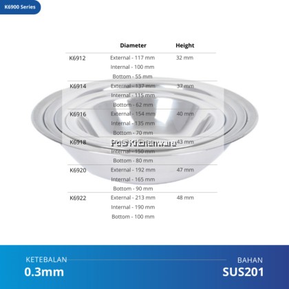 TOFFI Stainless Steel Mixing Bowl for Salad Mangkuk Adunan Besi Keluli Tahan Karat (12/14/16/18/20/22cm)不锈钢沙拉盆-K6900M