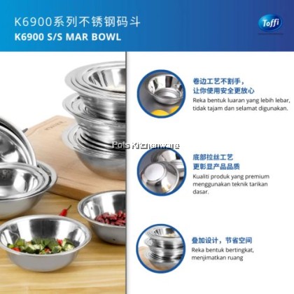 TOFFI Stainless Steel Mixing Bowl for Salad Mangkuk Adunan Besi Keluli Tahan Karat (12/14/16/18/20/22cm)不锈钢沙拉盆-K6900M