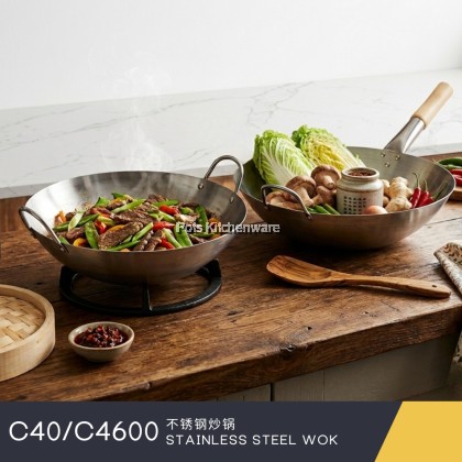 Stainless Steel Wok With Wood Handle / Double Handle Cooking Wok StirFry Deep Fry Kuali Keluli Tahan Karat不锈钢双耳/木柄炒锅C4000M