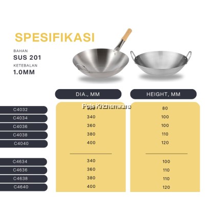 Stainless Steel Wok With Wood Handle / Double Handle Cooking Wok StirFry Deep Fry Kuali Keluli Tahan Karat不锈钢双耳/木柄炒锅C4000M
