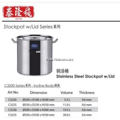 Toffi Stainless Steel Stock Pot Saucepot Periuk Sup Sandwich Bottom for Gas Cooker 不锈钢汤桶 20/25/30/35cm-STF-C3220M Toffi Stainless Steel Stock Pot Saucepot Periuk Sup Sandwich Bottom for Gas Cooker 不锈钢汤桶 20/25/30/35cm-STF-C3220M