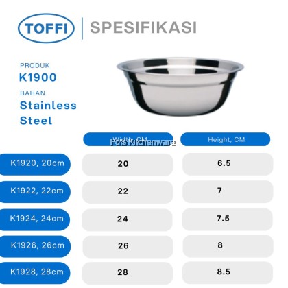 TOFFI Stainless Steel Basin Mixing Salad Bowl Mangkuk Adunan Keluli Tahan Karat不锈钢沙拉碗  (14/16/18/20/22/24/26/28cm)-K1900