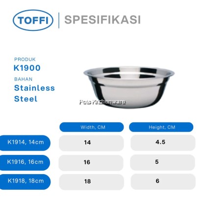 TOFFI Stainless Steel Basin Mixing Salad Bowl Mangkuk Adunan Keluli Tahan Karat不锈钢沙拉碗  (14/16/18/20/22/24/26/28cm)-K1900